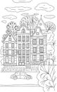 Houses Amsterdam coloring street trees city car clouds in the sky postcard background hand drawn vector illustration