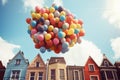 Houses with balloons bunch. Real estate purchasing, moving house and housewarming concept. Generated AI