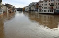 houses on the banks of the swollen river called BACCHIGLIONE in the city of Vicenza in Italy during the flood