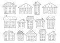 Cute doodle houses collection. Outline home elements isolated on white. Hand drawn buildings set Royalty Free Stock Photo