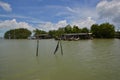 Houses and boats with mangrove trees in the sea Royalty Free Stock Photo