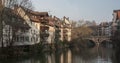 Houses and a bridge reflected in a river in the old town of Nuremberg seen from Henkersteg covered bridge across Pegnitz river Royalty Free Stock Photo