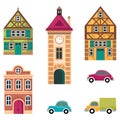 Houses and car icon, cottage buildings set, vector cartoon illustration, exterior design, facade, front view