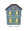 Happy holidays. Cartoon house, hand drawing lettering, dÃ©cor elements. holiday theme. Royalty Free Stock Photo