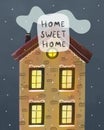 Home sweet home. cartoon house, hand drawing lettering, decor elements. colorful illustration for kids, flat style. Royalty Free Stock Photo