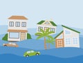 Houses and cars flooding under water concept. Flood natural disaster with rainstorm, weather hazard. Global warming and climate