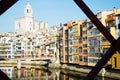 Houses and church on river from Eiffel bridge in Girona Royalty Free Stock Photo