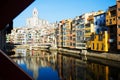 Houses and church on river Onyar from bridge in Gerona Royalty Free Stock Photo