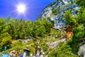 Houses on the cliff near Lake Thun, Thunersee, Bern, Switzerland