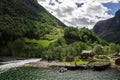 Houses by the coast of the lake in the Narrow Fjord in the Flam village in Norwa