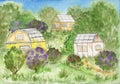 Houses in the countryside. Watercolor landscape.