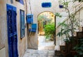 Courtyard house blue doors windows, Old Jaffa, Tel Aviv