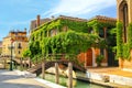 Houses covered with ivy along narrow canal with bridges in Venice, Italy.