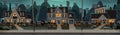 Houses Decorated For Halloween Home Buildings Front View With Different Pumpkins, Bats Holiday Celebration Concept