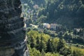 Houses of Dolni Zleb village viewed from Belveder prospect in Labske Piskovce tourist area in afternoon on 8th September 2018 Royalty Free Stock Photo