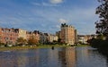 houses in eclectic art nouveau style on the embankment of Ixelles lakes and Sainte-Croix church