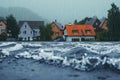 Houses engulfed in a torrential downpour amid a violent storm