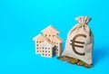 Houses and euro money bag. Increasing property value. Fair market price. Home taxation. Residential or commercial property income