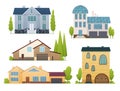 Houses exterior vector illustration front view with roof. Home facade with doors and windows. Modern town house cottage