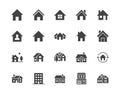 Houses flat glyph icons set. Home page button, residential building, country cottage, apartment vector illustrations