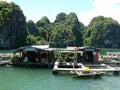 Houses in a floating fishing village among large rock mountains in Ha Long Bay. Vietnam Royalty Free Stock Photo