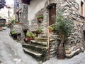 Houses and flowers in Exilles, Piedmont, Val di Susa, Italy