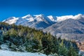 Houses and snow mountains in Bansko, Bulgaria