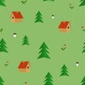 houses in the forest. Vector color drawing image background.