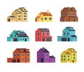 Houses front view. Urban and suburban house, town buildings, and cottage housing. Isolated vector illustration