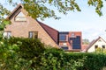 houses with garden, solar panels on the roof