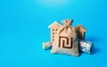 Houses and israeli shekel money bag. Building up capital, saving from inflation risks. Real estate. Savings. Declaration, taxes