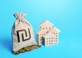 Houses and israeli shekel money bag. Increasing property value. Fair market price. Home taxation. Residential or commercial