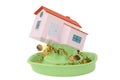 Houses on the juicer, into gold.3D illustration.