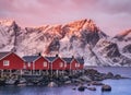 Houses in the Lofoten islands bay in the Norway