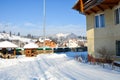 Houses in the mountains in winter snow nature resort Royalty Free Stock Photo