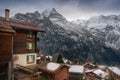 Houses at Murren Village with Jungfrau Mountain on background - Murren, Switzerland