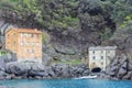 Houses near the sea at San Fruttoso monastery,  Italy. Royalty Free Stock Photo