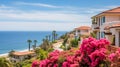 Houses with an ocean view, palm trees, and flowers in a beach town on a bright sunny day with ocean and blue sky in the background Royalty Free Stock Photo