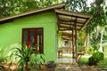 Houses painted of green color at the jungle.