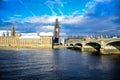 Houses of Parliament, Westminster bridge and The Big Ben clock tower under repair and maintenance, London, UK