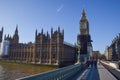 Houses of Parliament, Big Ben and Westminster Bridge, London, with a clear blue sky
