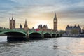 Houses of Parliament, Big Ben and Westminster bridge at sunset, London, UK Royalty Free Stock Photo