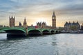 Houses of Parliament, Big Ben and Westminster bridge at sunset, London, United Kingdom Royalty Free Stock Photo