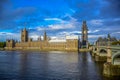 Houses of Parliament, Westminster bridge and The Big Ben clock tower under repair and maintenance, London, UK