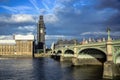 Houses of Parliament, Westminster bridge and The Big Ben clock tower under repair and maintenance, London, UK