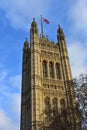 Victoria Tower with the flag of Great Britain. City of Westminster, Houses of Parliament. London, United Kingdom. Royalty Free Stock Photo