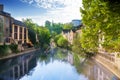 Houses reflecting in Alzette river, Luxembourg Royalty Free Stock Photo