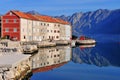 Houses reflection with mountains on background