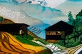 Houses on rice terraces, fragment, hot batik, handmade abstract surrealism art on silk