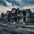 Houses in ruins, aftermath of urban warfare and destruction